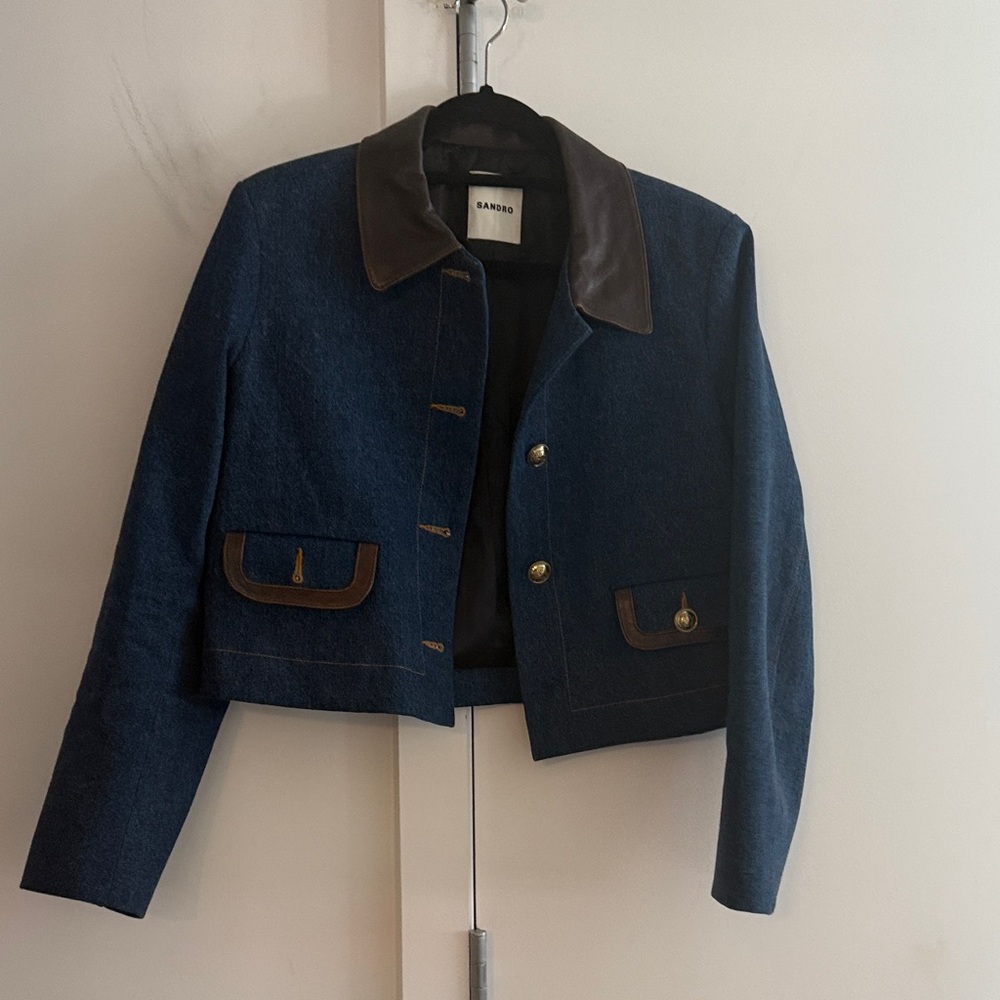 Sandro Dark Blue Jean Jacket with Brown Accents NWOT